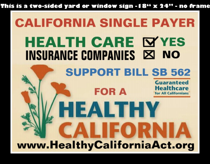 this is a two sided YARD or WINDOW sign - no frame - support SINGLE PAYER, save the US $500 Billion dollars a year